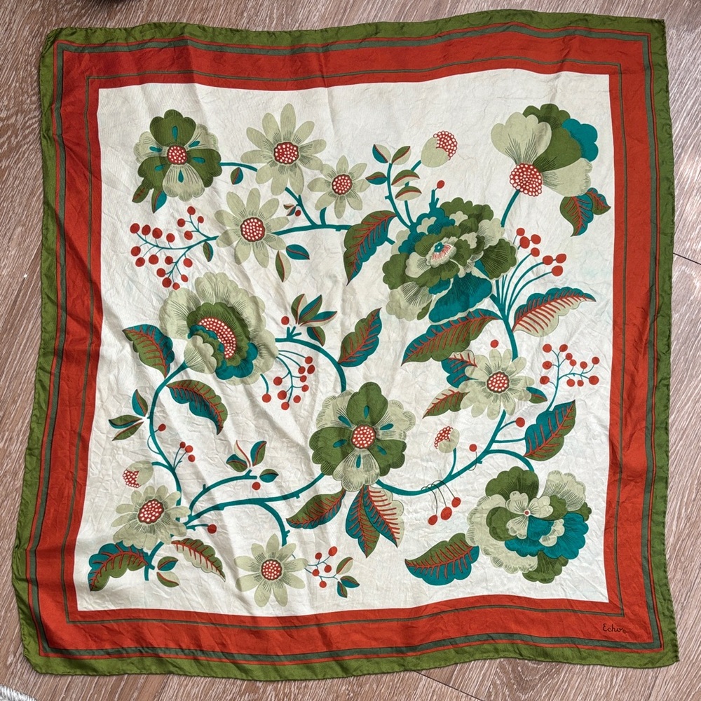 Echo floral silk square scarf, green/orange/teal